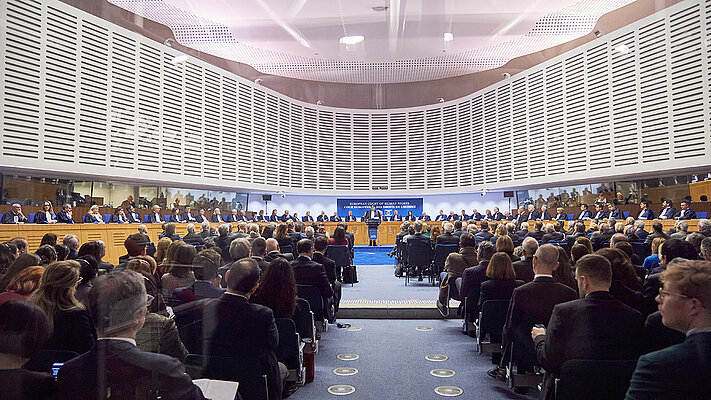 Polno zasedena glavna dvorana Evropskega sodišča za človekove pravice s prehodom v sredini, ki vodi do prostora za sodniški svet.